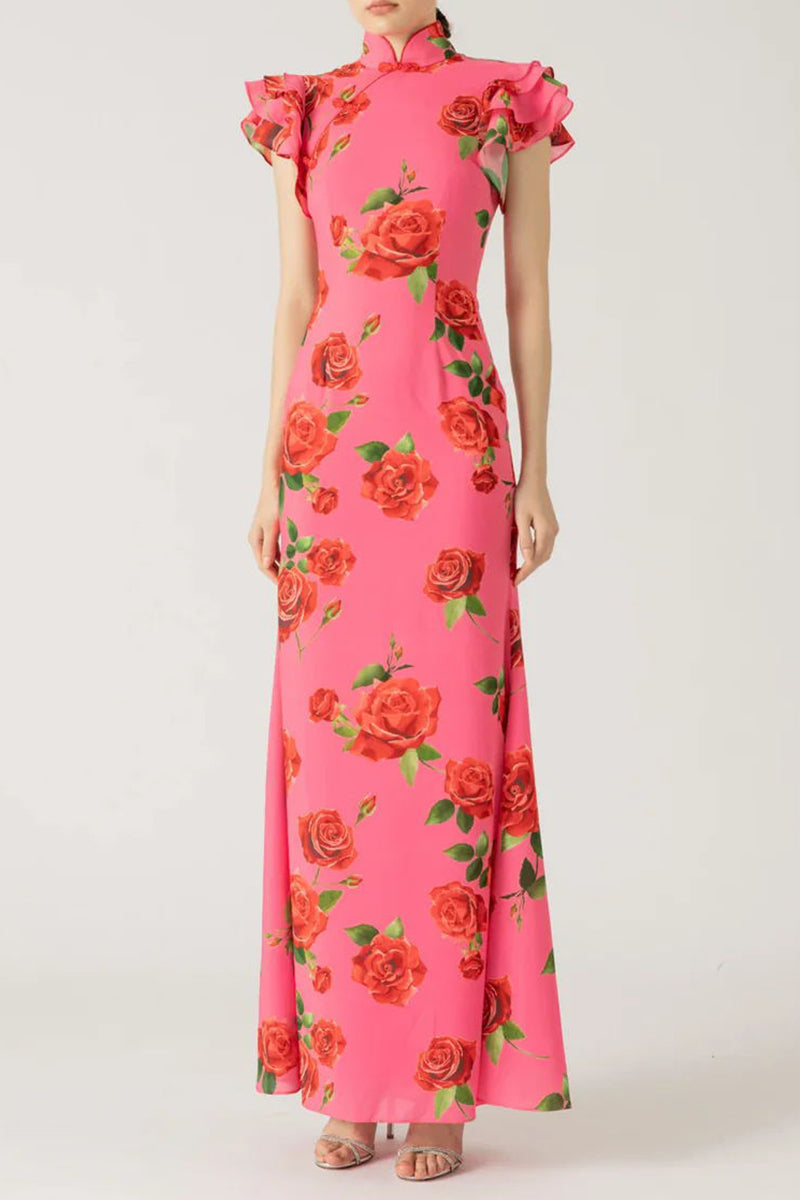 Florencia® | Daily Elegant Floral Button Ruffle Mandarin Collar One Step Skirt Dresses