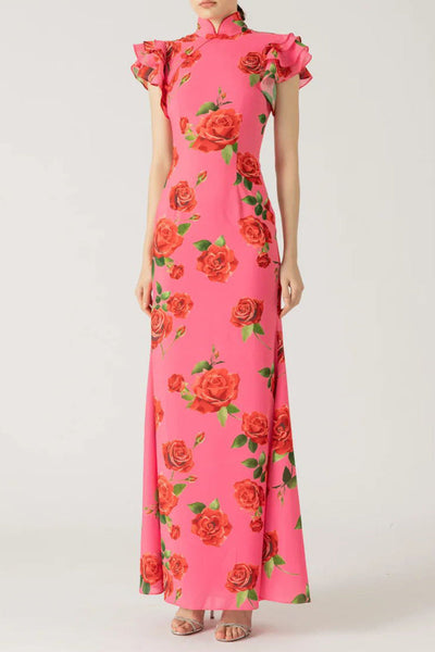 Florencia® | Daily Elegant Floral Button Ruffle Mandarin Collar One Step Skirt Dresses