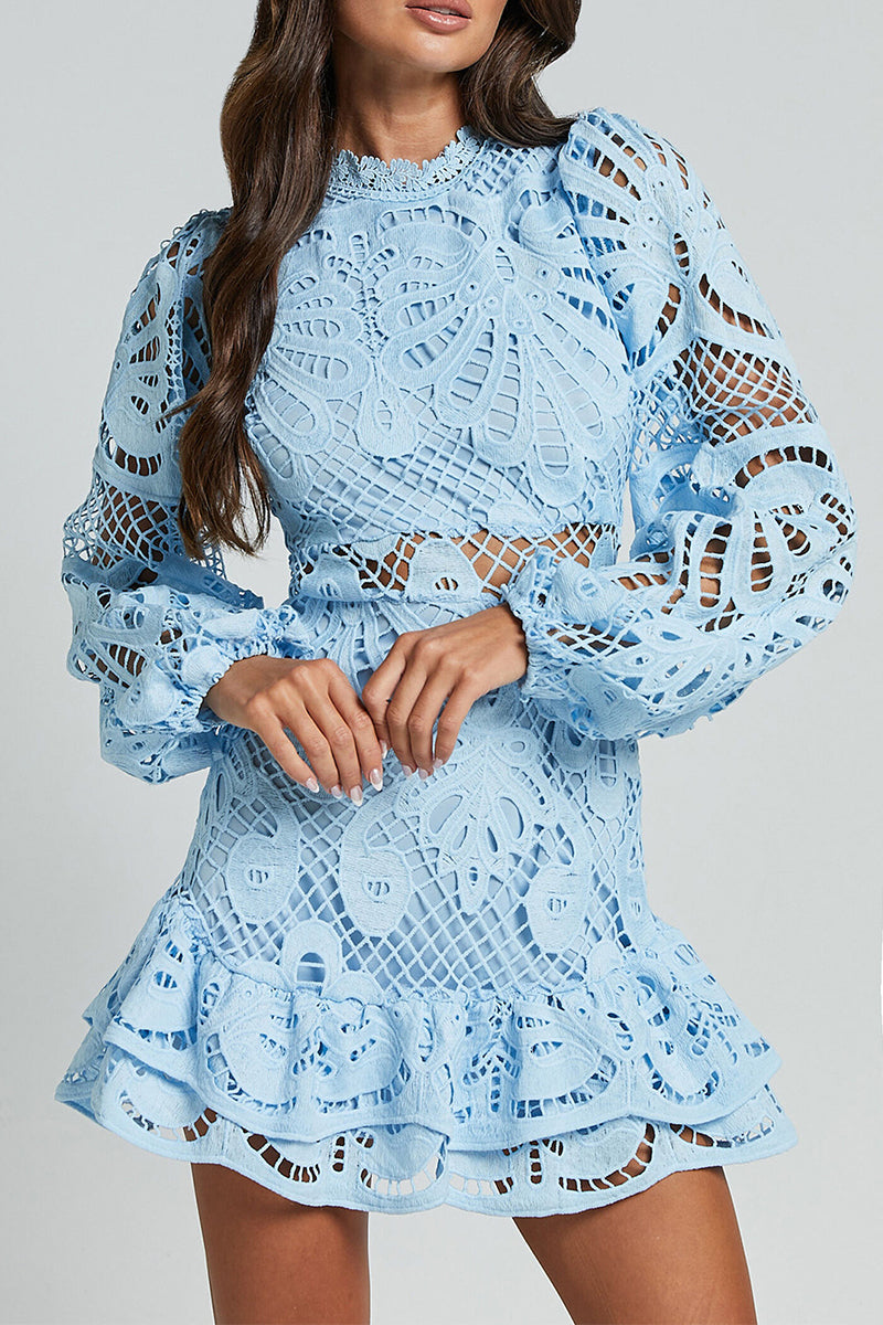 Estefanía® | Sexy Hollow Out Ruffle Mesh Mandarin Collar Lace Dress Dresses (5 Colors)