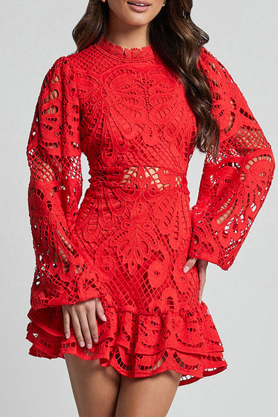 Estefanía® | Sexy Hollow Out Ruffle Mesh Mandarin Collar Lace Dress Dresses (5 Colors)