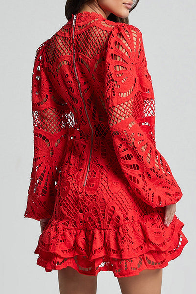 Estefanía® | Sexy Hollow Out Ruffle Mesh Mandarin Collar Lace Dress Dresses (5 Colors)
