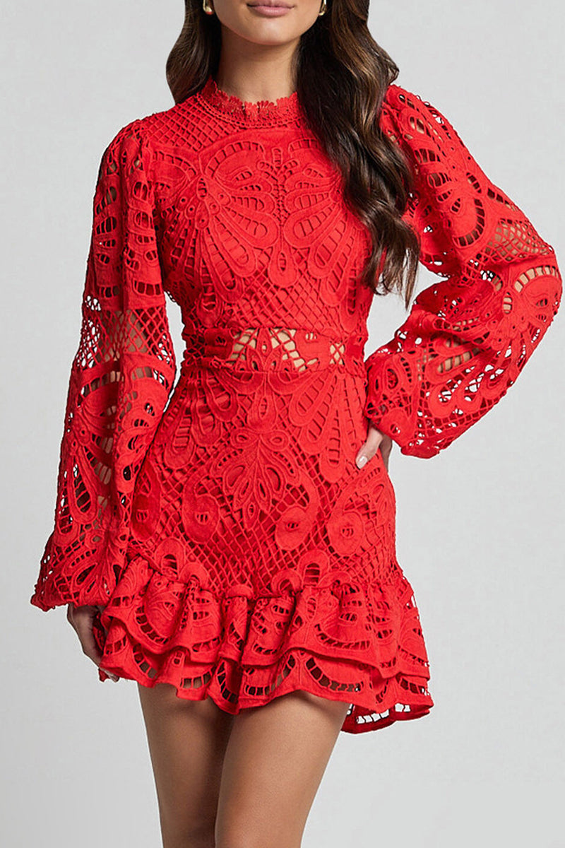 Estefanía® | Sexy Hollow Out Ruffle Mesh Mandarin Collar Lace Dress Dresses (5 Colors)