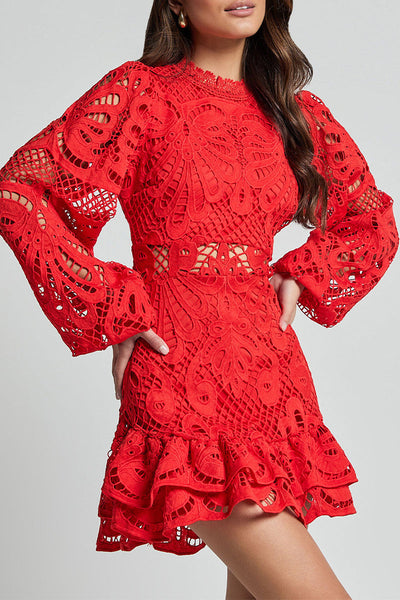 Estefanía® | Sexy Hollow Out Ruffle Mesh Mandarin Collar Lace Dress Dresses (5 Colors)