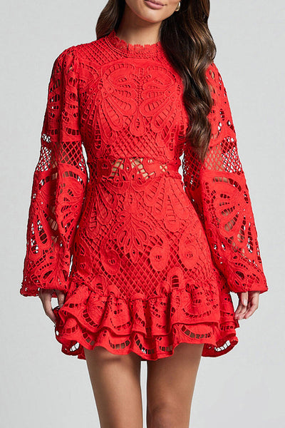Estefanía® | Sexy Hollow Out Ruffle Mesh Mandarin Collar Lace Dress Dresses (5 Colors)