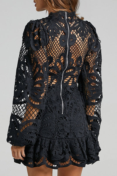 Estefanía® | Sexy Hollow Out Ruffle Mesh Mandarin Collar Lace Dress Dresses (5 Colors)