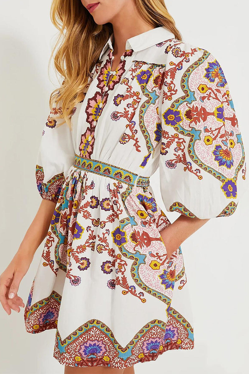 Elisa® | Casual daily A-line dresses with floral print and pocket buttons, turn-down collar
