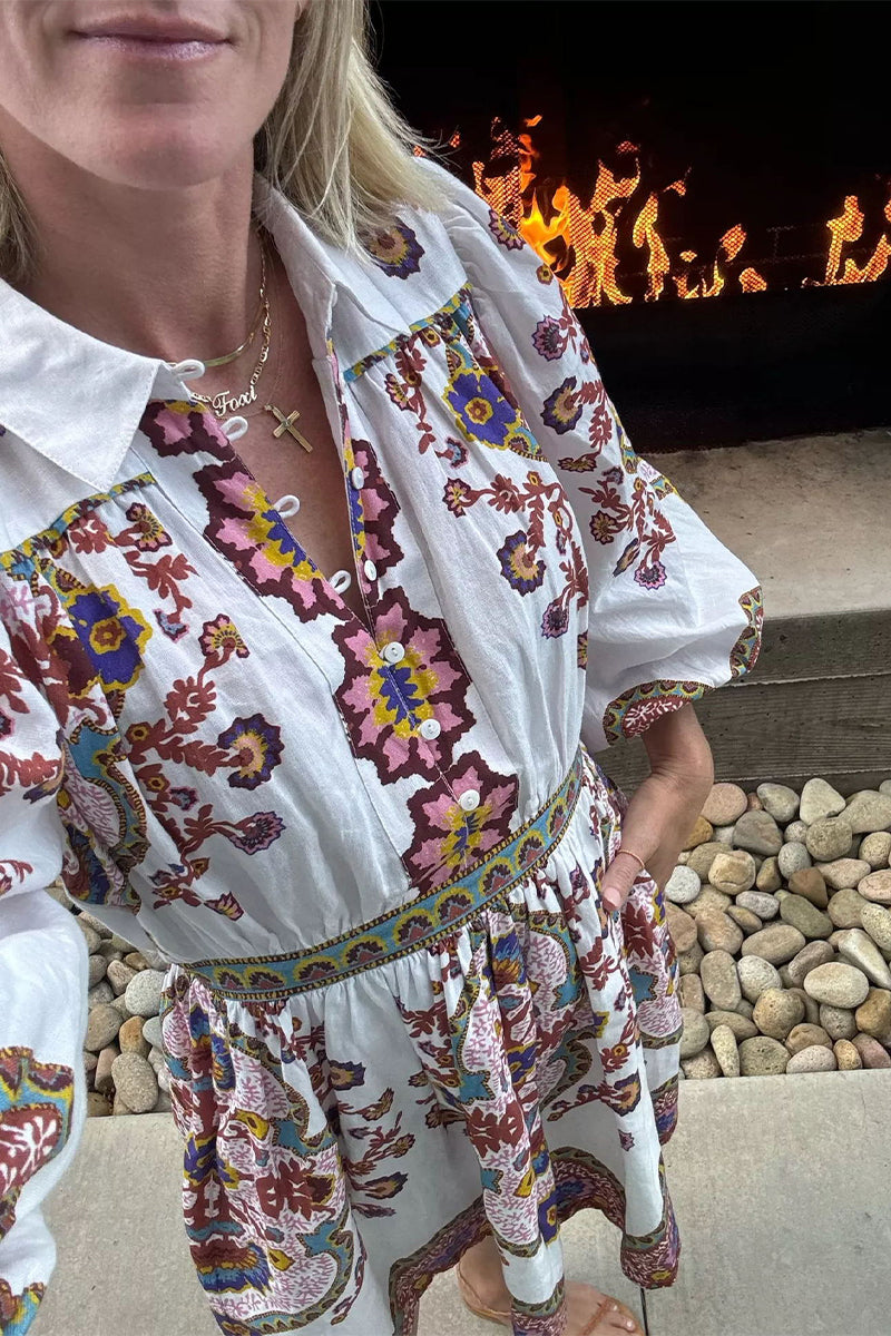 Elisa® | Casual daily A-line dresses with floral print and pocket buttons, turn-down collar
