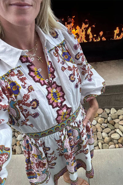Elisa® | Casual daily A-line dresses with floral print and pocket buttons, turn-down collar