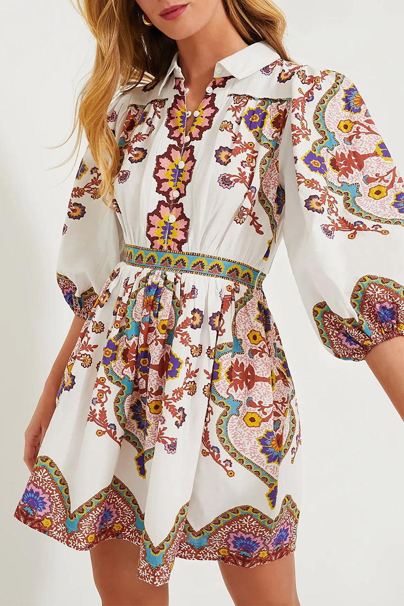 Elisa® | Casual daily A-line dresses with floral print and pocket buttons, turn-down collar