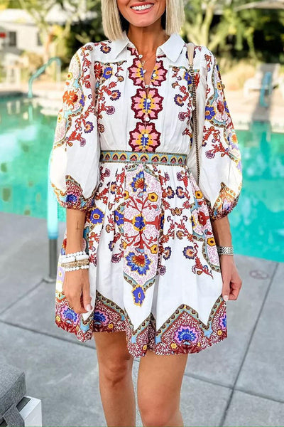 Elisa® | Casual daily A-line dresses with floral print and pocket buttons, turn-down collar