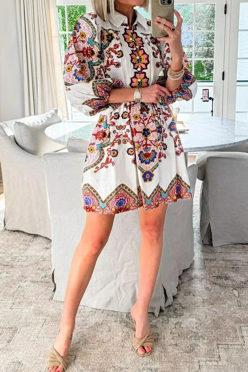 Elisa® | Casual daily A-line dresses with floral print and pocket buttons, turn-down collar