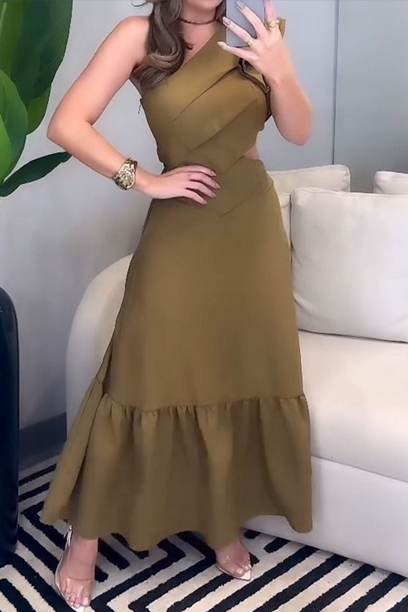 Alessandra® | Elegant hollow out pleated ruffle dresses with slant shoulder