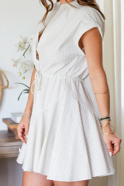 Yasmin® | Casual A-line dresses with striped print, lacing and buckle, turn-down collar