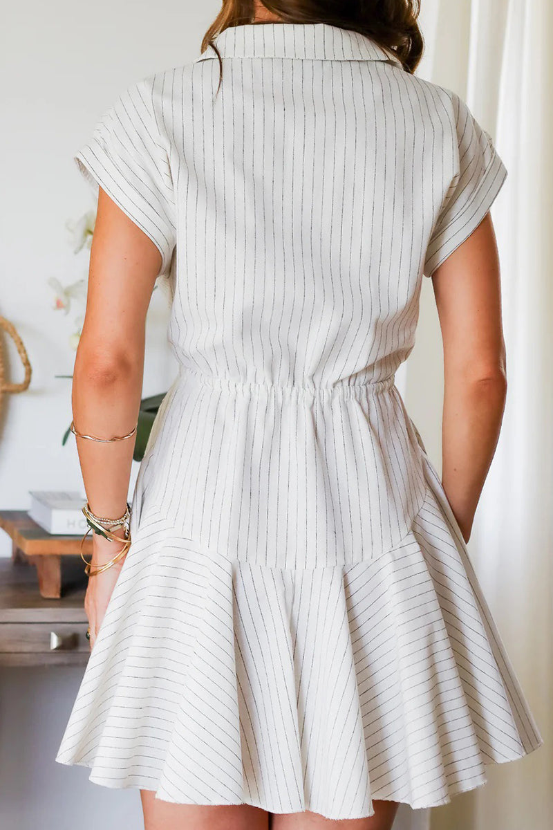 Yasmin® | Casual A-line dresses with striped print, lacing and buckle, turn-down collar
