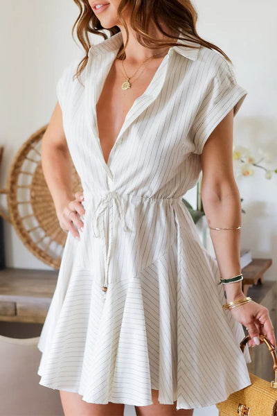 Yasmin® | Casual A-line dresses with striped print, lacing and buckle, turn-down collar