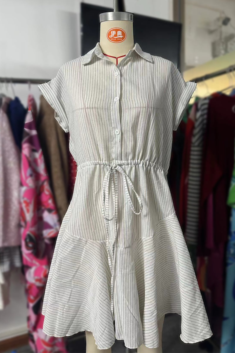 Yasmin® | Casual A-line dresses with striped print, lacing and buckle, turn-down collar