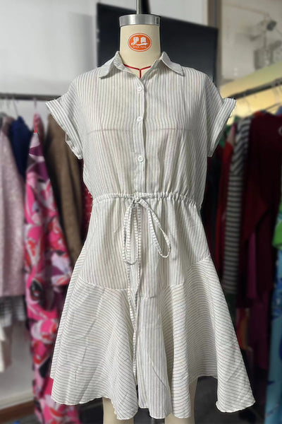 Yasmin® | Casual A-line dresses with striped print, lacing and buckle, turn-down collar