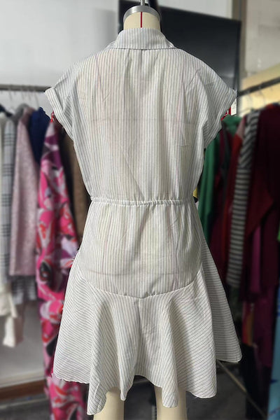 Yasmin® | Casual A-line dresses with striped print, lacing and buckle, turn-down collar