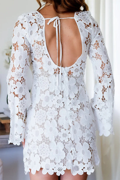 Adriana® | Sexy Hook Floral Hollow Back Floral O Neck Long Sleeve Dresses