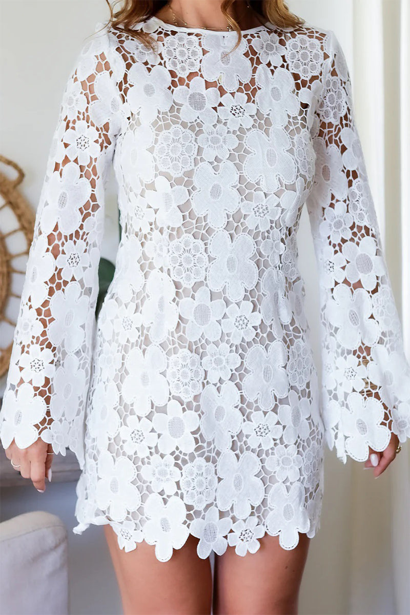 Adriana® | Sexy Hook Floral Hollow Back Floral O Neck Long Sleeve Dresses