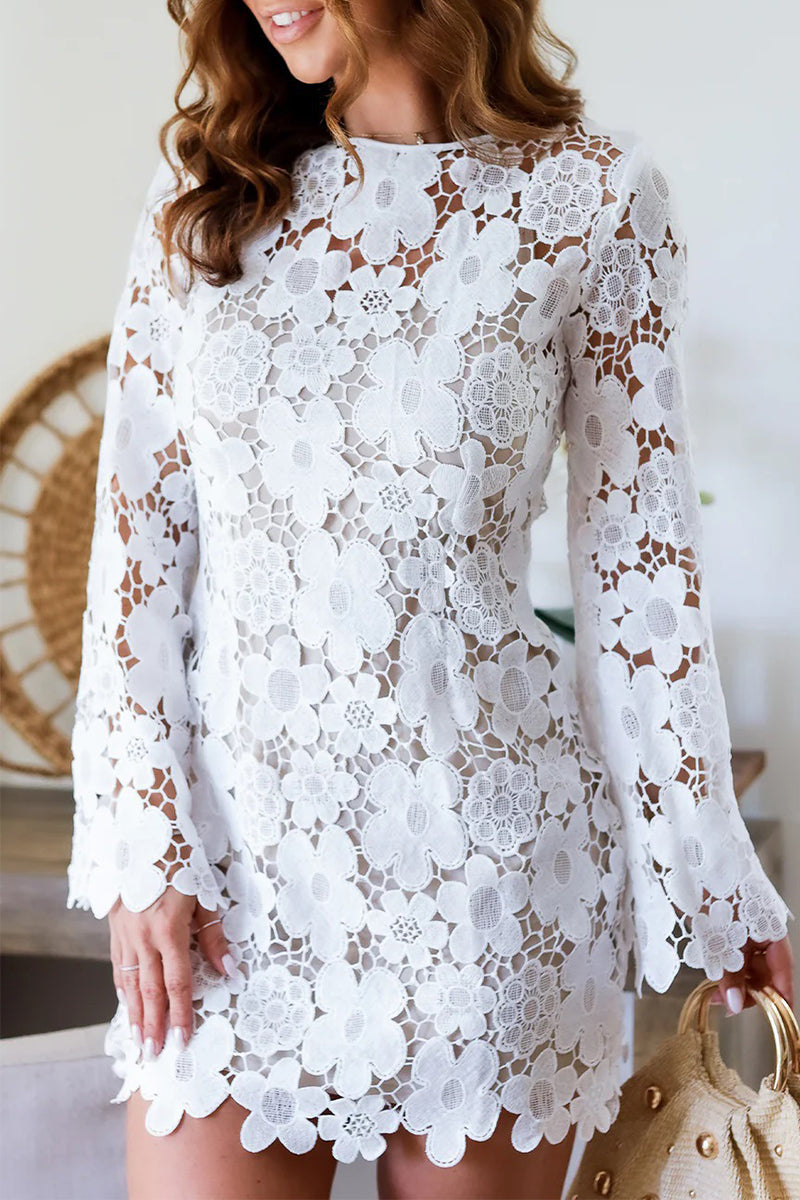 Adriana® | Sexy Hook Floral Hollow Back Floral O Neck Long Sleeve Dresses