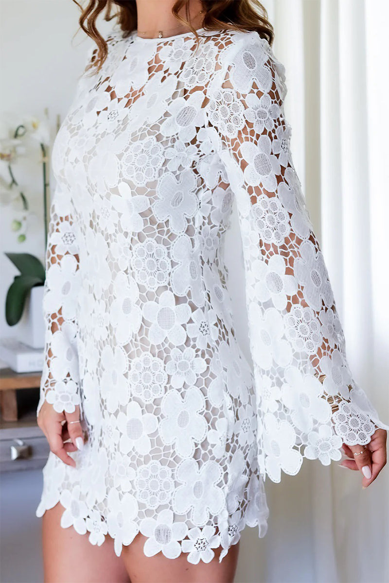 Adriana® | Sexy Hook Floral Hollow Back Floral O Neck Long Sleeve Dresses