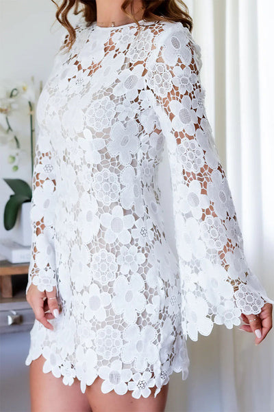 Adriana® | Sexy Hook Floral Hollow Back Floral O Neck Long Sleeve Dresses