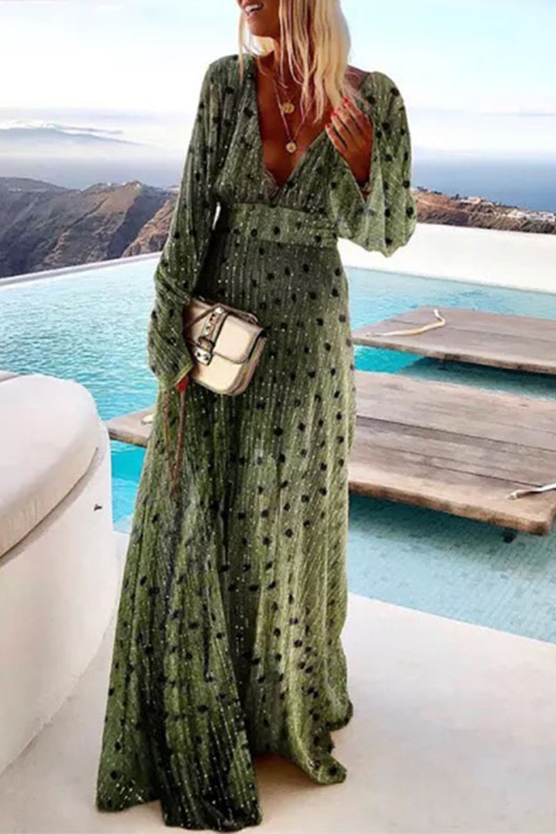 Imelda® | Elegant holiday A-line polka dot patchwork and sequin V-neck dresses