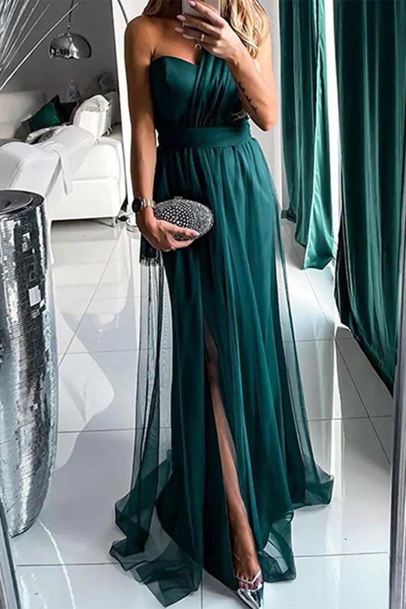 Felicidad® | Sexy evening dresses with a slit and slanted shoulder made of mesh fabric