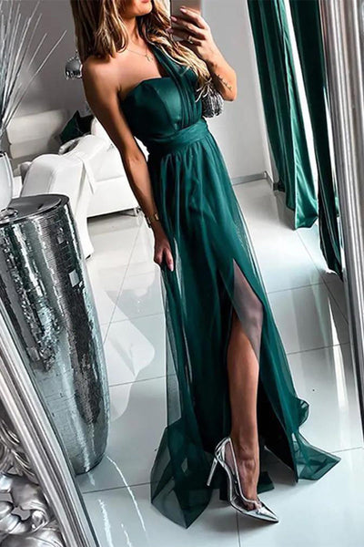 Felicidad® | Sexy evening dresses with a slit and slanted shoulder made of mesh fabric