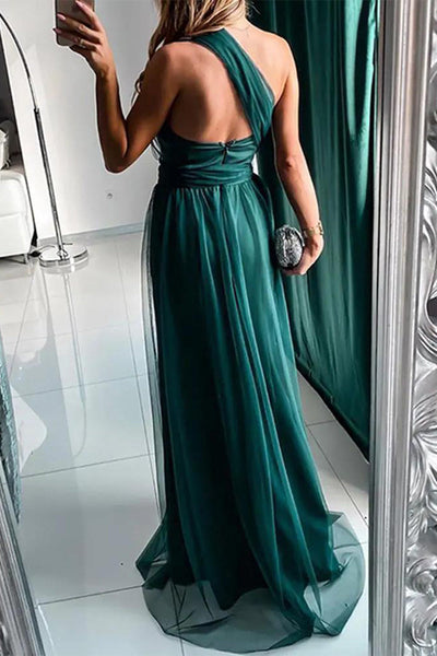 Felicidad® | Sexy evening dresses with a slit and slanted shoulder made of mesh fabric