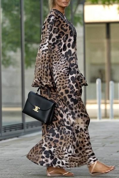 Fatima® | Casual long dresses with leopard patchwork and V-neck