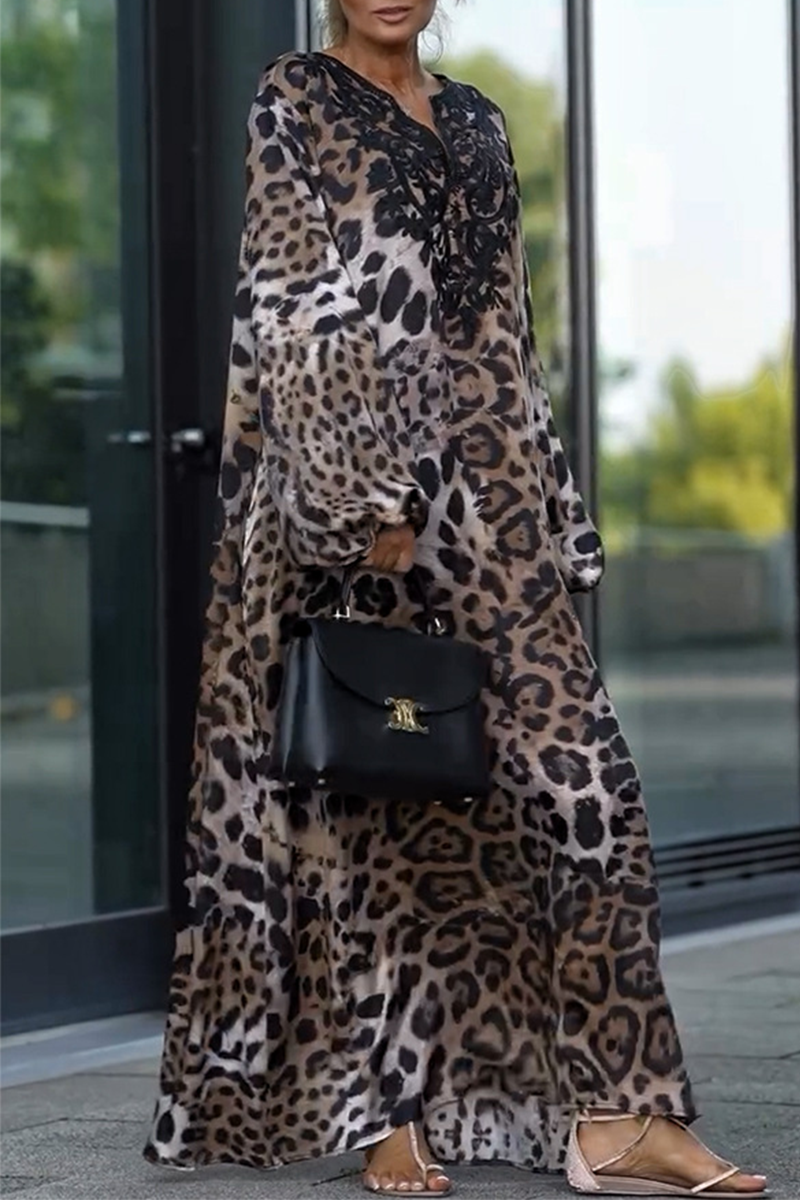 Fatima® | Casual long dresses with leopard patchwork and V-neck