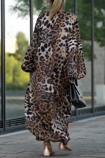 Fatima® | Casual long dresses with leopard patchwork and V-neck