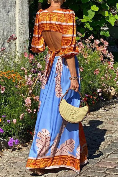 Erika® | Elegant floral print backless V-neck dresses for vacation