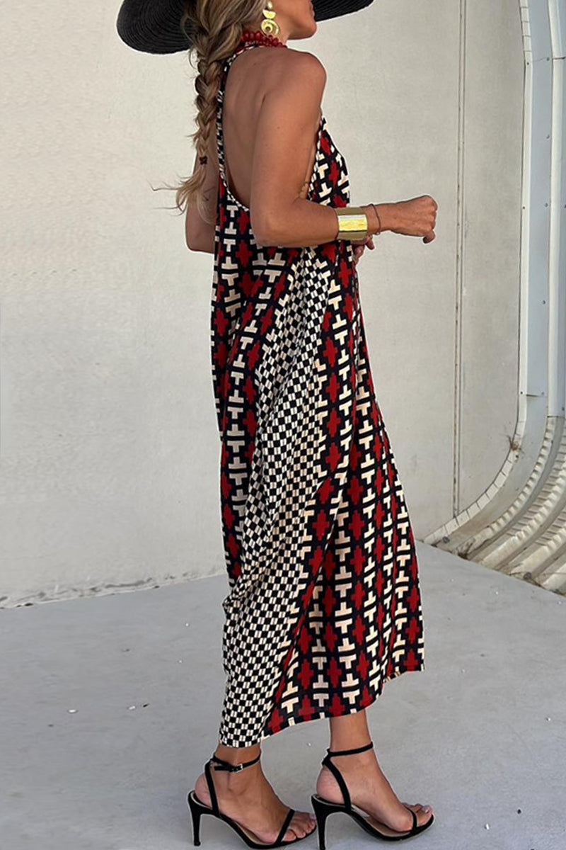 Eliana® | Casual printed backless scoop neck long dresses