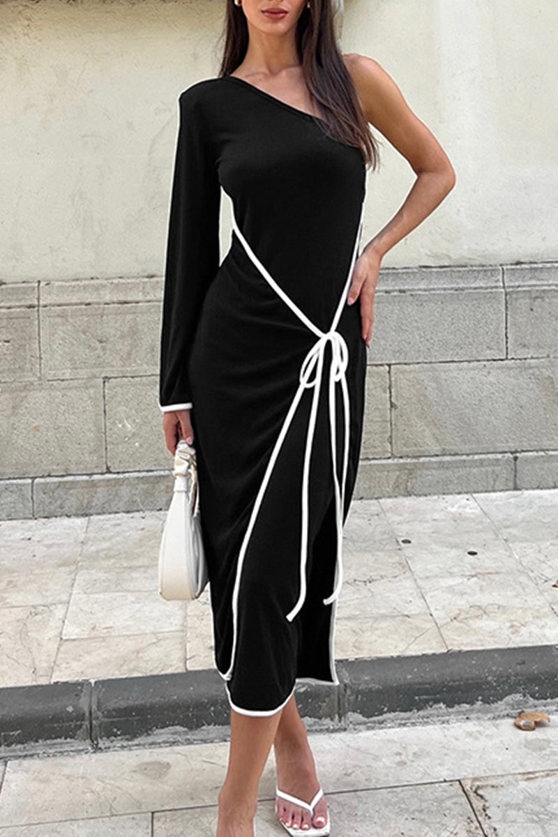 Elizabeth® | Elegant patchwork dresses with a backless strap design and a contrasting slanted collar
