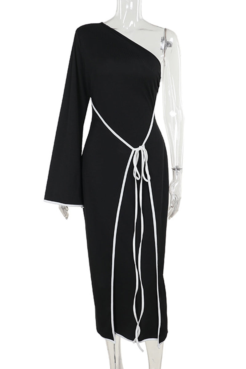 Elizabeth® | Elegant patchwork dresses with a backless strap design and a contrasting slanted collar