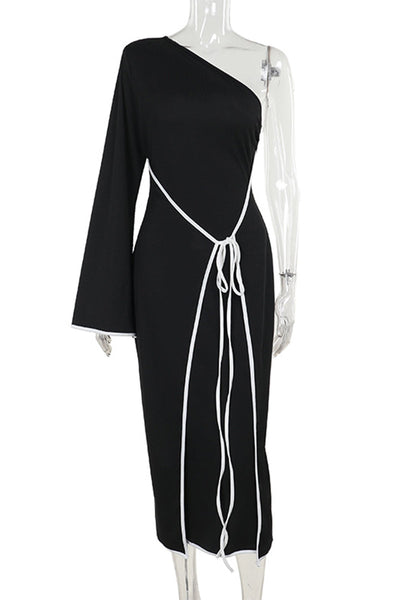 Elizabeth® | Elegant patchwork dresses with a backless strap design and a contrasting slanted collar