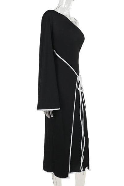 Elizabeth® | Elegant patchwork dresses with a backless strap design and a contrasting slanted collar