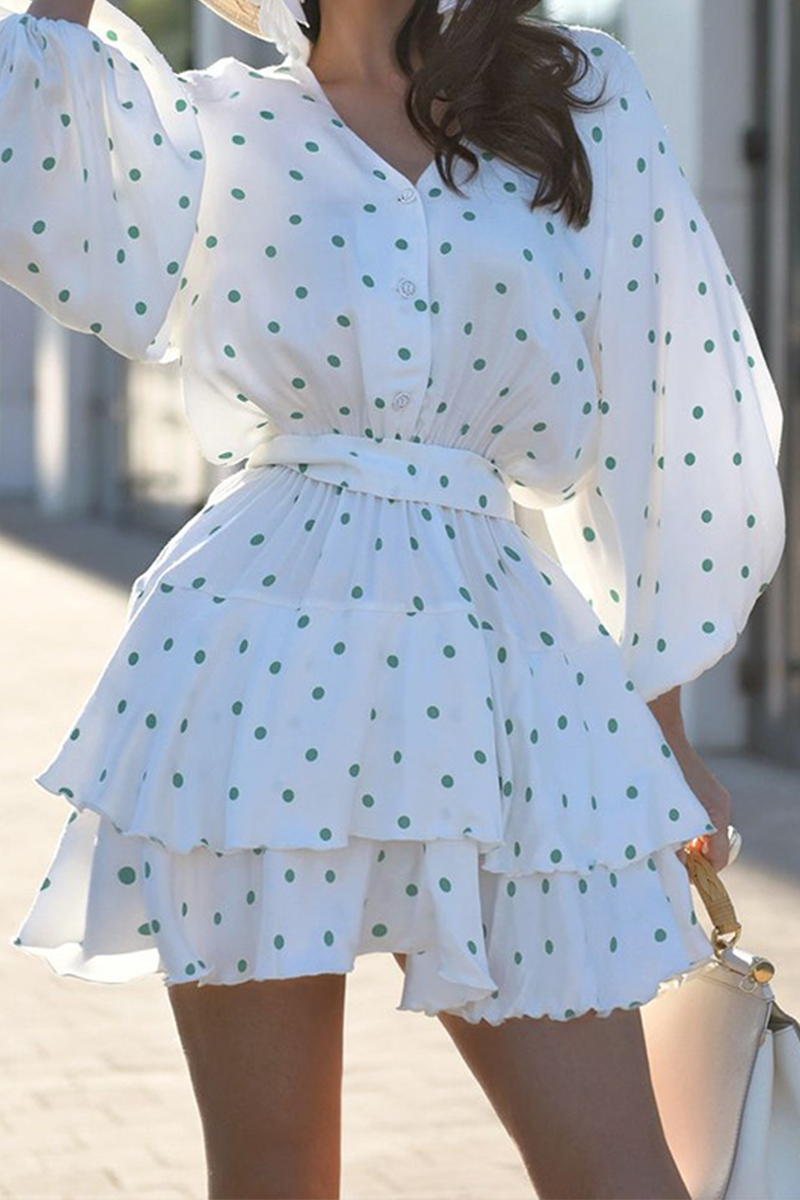 Cecilia® | Casual polka dot street cake skirt dresses with lace up and V neck