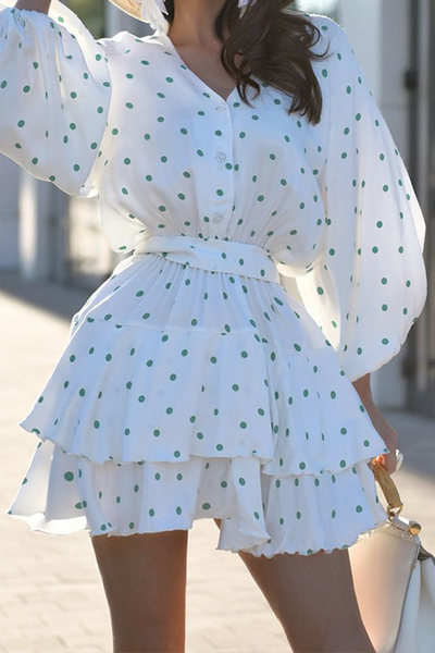 Cecilia® | Casual polka dot street cake skirt dresses with lace up and V neck