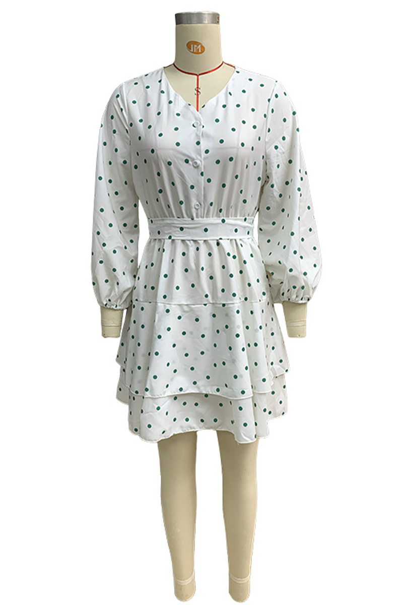 Cecilia® | Casual polka dot street cake skirt dresses with lace up and V neck