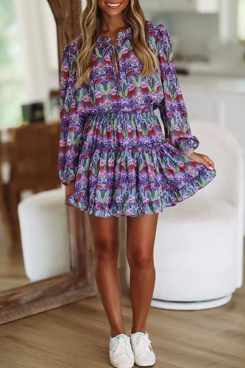Antonia® | Elegant A-line dresses with floral print and lace-up, ruffles and O-neck
