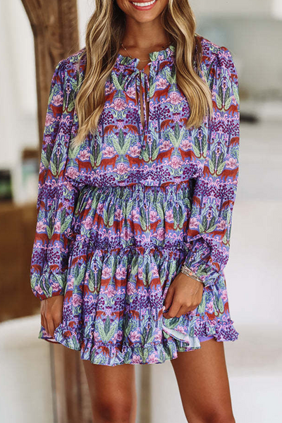 Antonia® | Elegant A-line dresses with floral print and lace-up, ruffles and O-neck