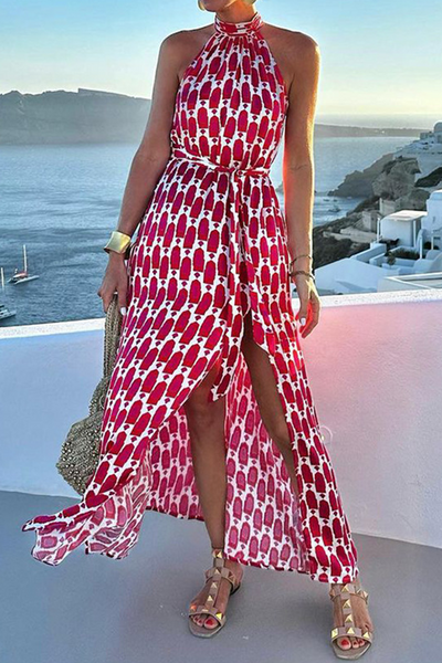 Yasmina® | Elegant geometric print sleeveless dresses with slit, contrast halter necks for vacation