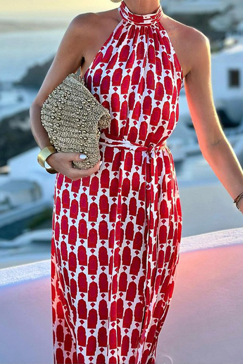 Yasmina® | Elegant geometric print sleeveless dresses with slit, contrast halter necks for vacation
