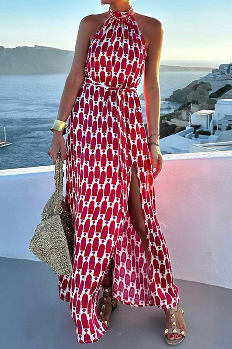 Yasmina® | Elegant geometric print sleeveless dresses with slit, contrast halter necks for vacation