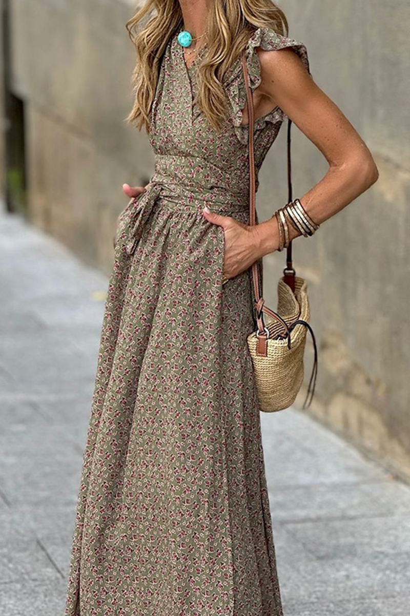 Yolanda® | Casual floral print street dresses with pocket ruffles and A-line V-neck