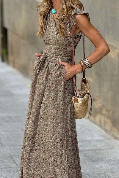 Yolanda® | Casual floral print street dresses with pocket ruffles and A-line V-neck